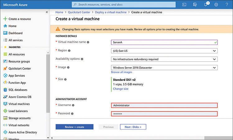 The Windows Azure portal interface contains a scrollable list of services on the left. In the selected Create a Virtual Machine page, there are individual configuration parameters for the new VM, including Virtual Machine Name, Image, Size, and Administrator Account username and password.