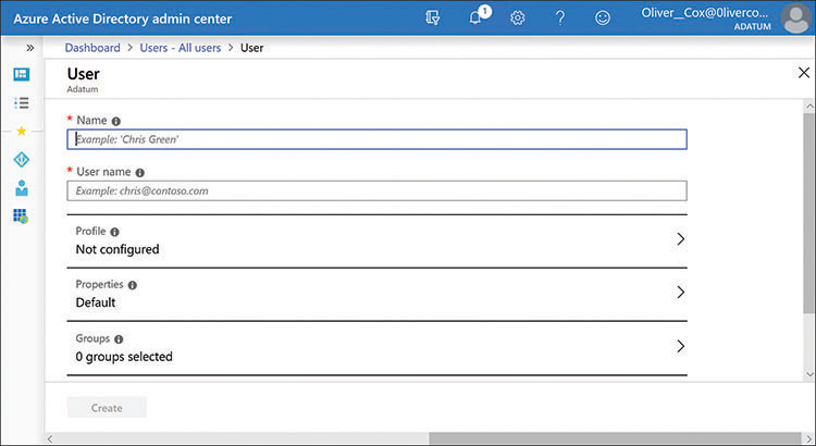 This is a screen capture of the Azure Active Directory Admin Center, which displays the User interface in which an administrator supplies a Name and User Name for the new identity.
