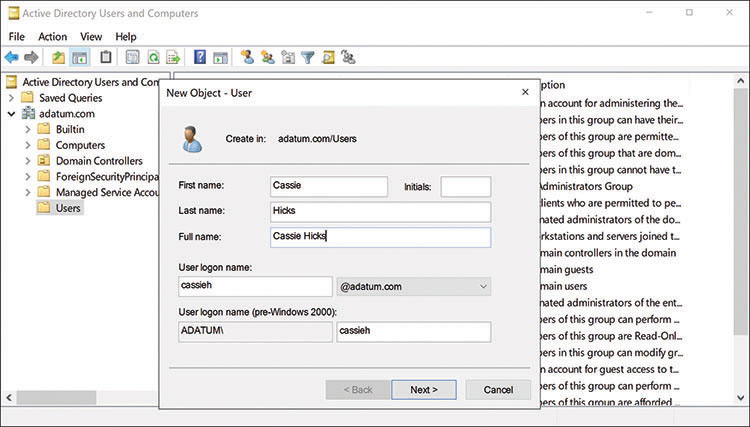 This is a screen capture of the Active Directory Users And Computers console showing the New Object – User dialog box where administrators specify the user’s First Name, Last Name, and User Logon Name.