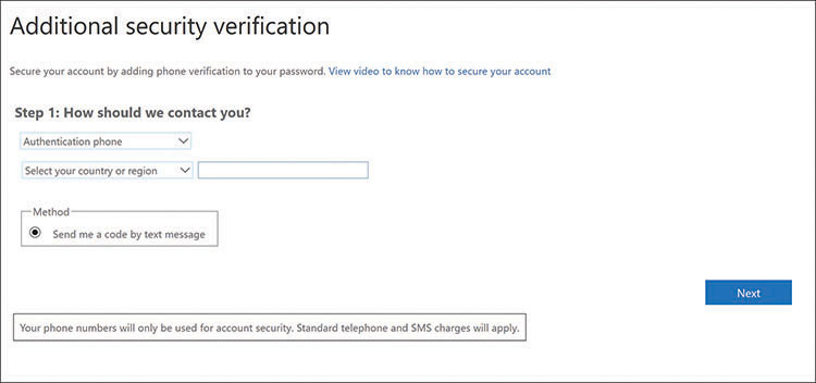This is a screen capture of the Additional Security Verification screen displayed to users, showing controls for selecting a verification option, entering a phone number, or configuring the Authenticator app.