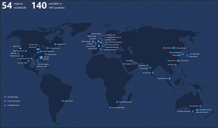This screenshot shows a world map with dots and labels indicating the Microsoft Azure regions.