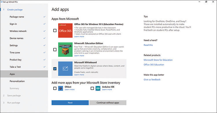This is a screen capture of the Set Up School PCs application, showing the Add Apps page in which administrators select the applications to be installed on the target computers.