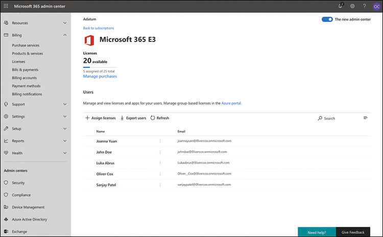 This is a screen capture of the Licenses page in the Microsoft 365 Admin Center, showing the number of Microsoft 365 Enterprise E3 licenses assigned and the number available, as well as a list of the users to whom licenses have already been assigned.