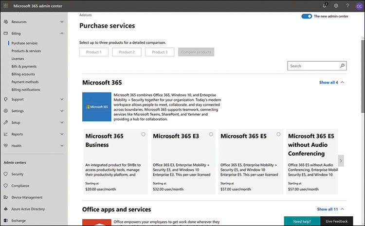 This is a screen capture of the Purchase Services page in the Microsoft 365 Admin Center, showing the Microsoft 365 products for which licenses are available.