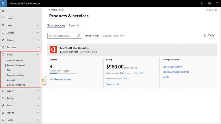 This is a screen capture of the Products & Services page in the Microsoft 365 Admin Center, which contains a box representing a Microsoft 365 Business subscription that has three licenses available for assignment and a current balance of $960.00.