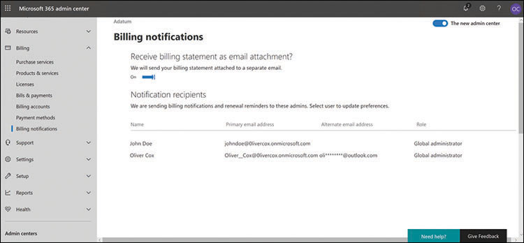 This is a screen capture of the Billing Notifications page in the Microsoft 365 Admin Center, containing a list of the users who are to receive billing notification and renewal reminder messages.