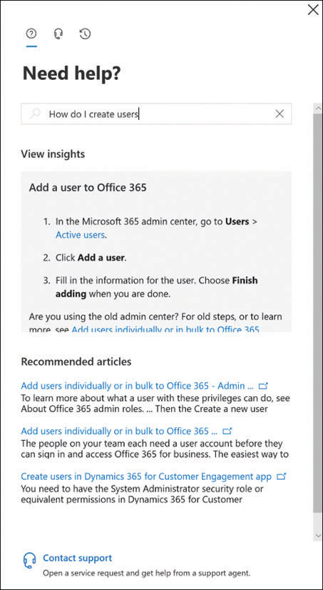This is a screen capture of the Need Help pane from the Microsoft 365 Admin Center, containing a procedure and several article links in response to the query “How do I create users?”