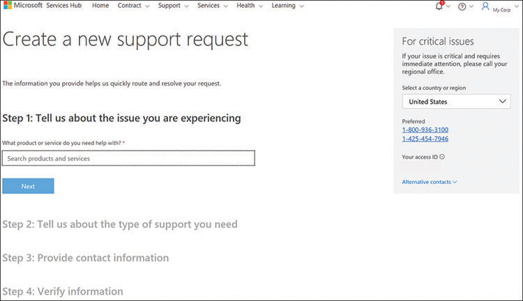 This is a screen capture of the Create A New Support Request screen from the Microsoft Services Hub, displaying the first step of the process: Tell Us About The Issue You Are Experiencing. 