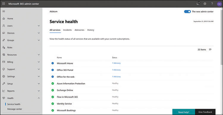 This is a screen capture of the Service Health page in the Microsoft 365 Admin Center, displaying a list of the Microsoft 365 services with a status indicator for each one. All the services are shown as being healthy, except for the Microsoft Intune, Office 365 Portal, and Office for the Web services, each of which has one advisory.