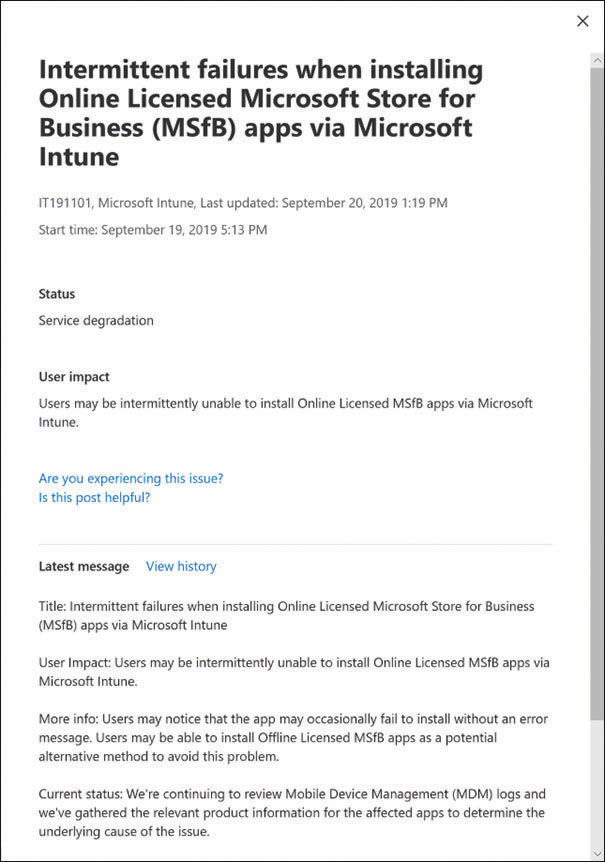 This is a screen capture of a detail page in the Microsoft 365 Admin Center, which provides information on an advisory for an Intermittent failure when installing online licensed Microsoft Store for Business apps via Microsoft Intune.