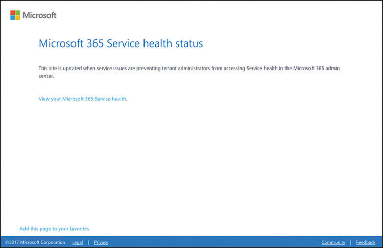 This is a screen capture of the Microsoft 365 Service Health Status page, which contains only the current status of the Microsoft 365 service, failure of which can prevent administrators from accessing the Microsoft 365 Admin Center.