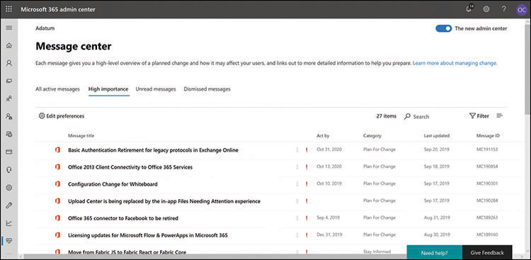 This is a screen capture of the Message Center page in the Microsoft 365 Admin Center, which displays a list of the recent messages that have been flagged as High Importance.