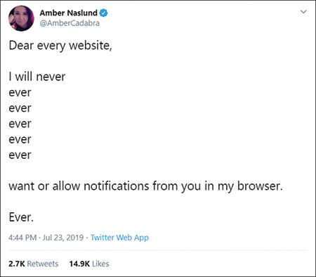 A screenshot shows the twitter page of a user being annoyed by the permission prompts from the browser. The user twitted as follows, "I will never ever ever ever want or allow notifications from you in my browser."