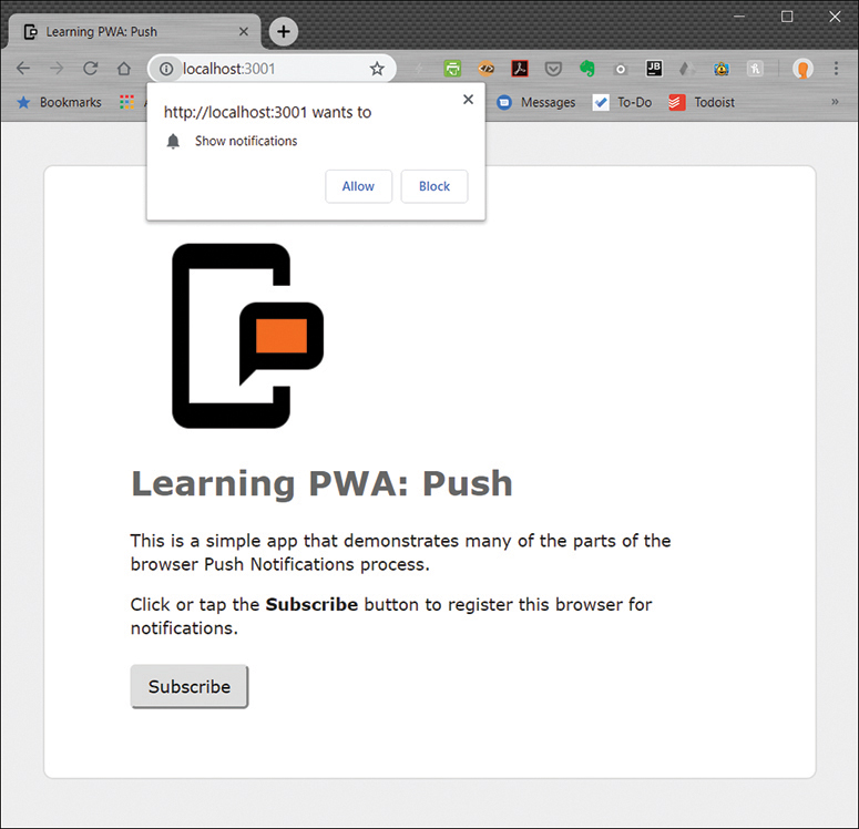 A screenshot shows the learning PWA: push web page. A pop-up message presented by the local host is displayed at the top of the site. It prompts the users to allow or block the notifications.