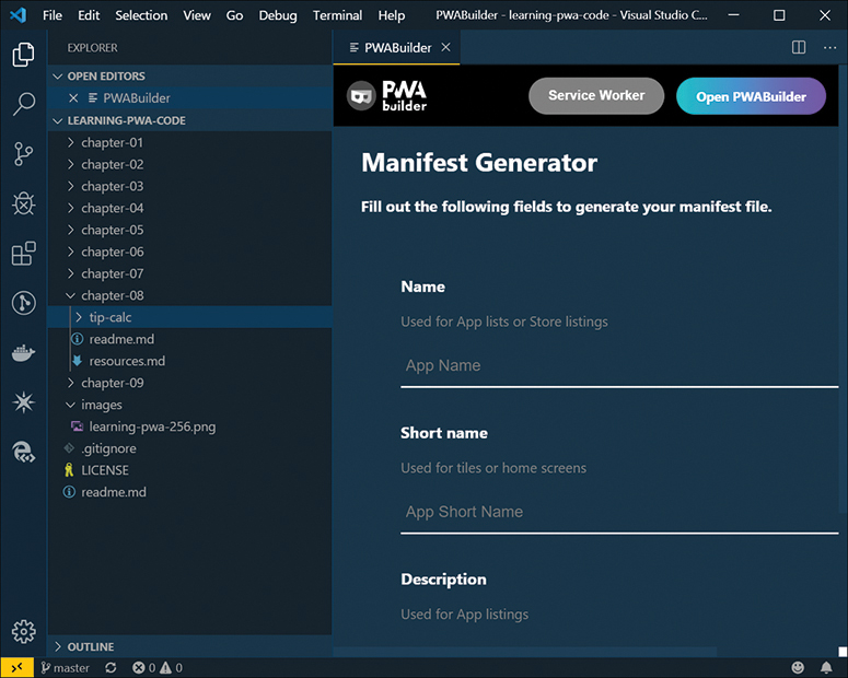 The visual studio code shows the page of PWABuilder manifest generator.
