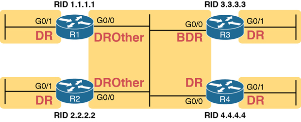 A network diagram depicting the roles of DR, BDR, and DROther.