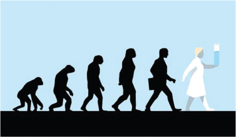  Image shows evolution of man, in silhouettes, from an ape to a person representing a scientist wearing a white lab coat and carrying a test tube in one hand.