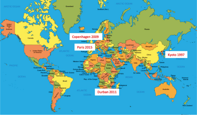 Picture of World map highlights various regions, with attached year, where, various international big events regarding Climate Change occurred.