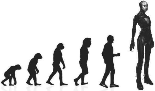 Image depicts the evolution process of apes to humans where the final silhouette of a human is swapped with a robot’s.