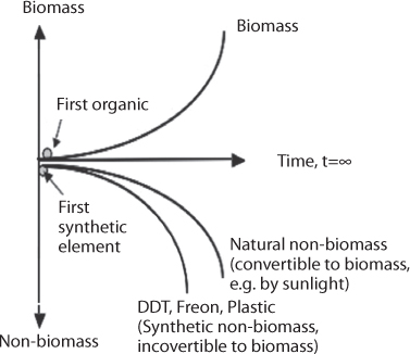 Figure shows synthetic non-biomass cannot converted into biomass. Accumulation rate of synthetic nonbiomass continually threatens to overwhelm the natural capacities of the environment to use or absorb such material.