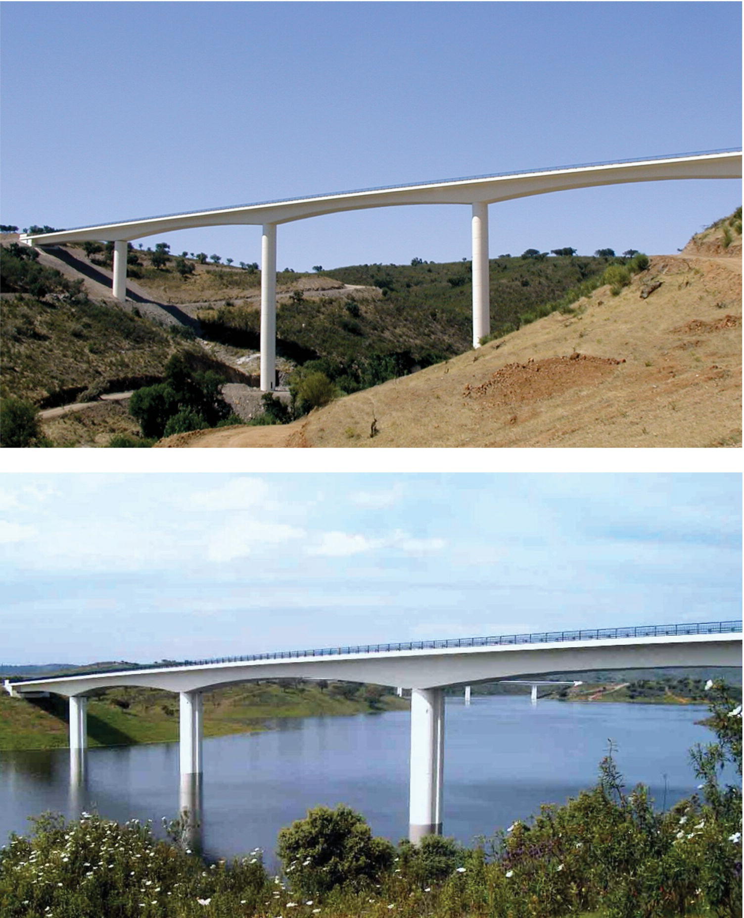 2 Photos of the Amiera Bridge over the Alqueva before (top) and after (bottom) the filling of the dam.