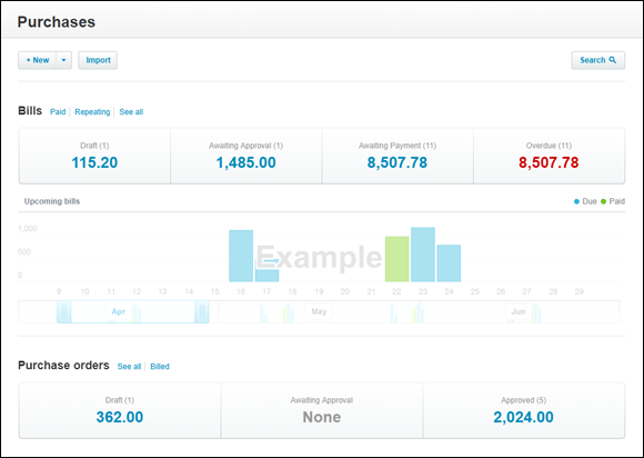 “Screen capture of Purchases dashboard with New, Import buttons, Search option, and Bills and Purchase order details.”