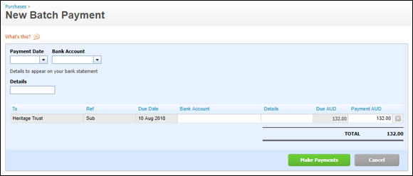 “Screen capture of New Batch Payment window with Payment date, Bank account, Details fields; To, Ref, Due Date, Bank account, Details, Due amount; Payment details listed; and Make payment and Cancel buttons.”