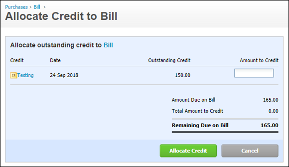 Screen capture of Allocate Credit to Bill window with details given in a tabular form for Credit, Date, Outstanding Credit, Amount to Credit and Remaining due on bill; and Allocate credit and Cancel options.