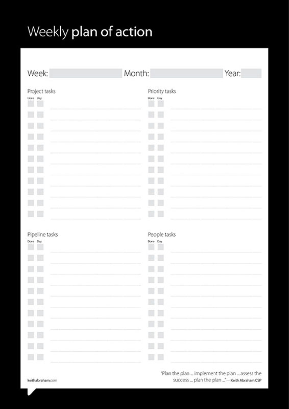Image shows a template chart for weekly plan of action. The chart includes space for entering the details like week, month, year, project tasks, priority tasks, pipeline tasks and people tasks.