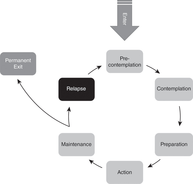Image titled “a model of intentional change,” at the top of which is a downward pointing arrow labeled “enter.” It points to “pre-contemplation,” which is one of the elements in a flow chart. In this chart, there is circular flow from “pre-contemplation” to “contemplation” to “preparation” to “action” to “maintenance” to “relapse,” and then back to “pre-contemplation.” From “maintenance,” another arrow leads outward from the flow chart, to “permanent exit.”