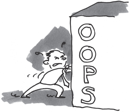 Cartoon illustration of a man pushing a building, depicting that a small business rarely  ever  builds  a  big  enough  brand  to  make  an  OOPS  business work.