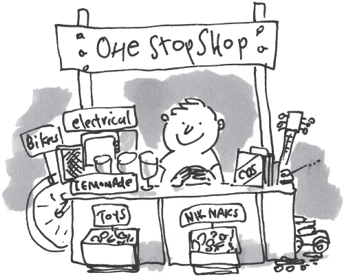 Cartoon illustration depicting a one-stop shop business that tries to sell a vast number of product choices, trying to make sure that every customer gets what they are looking for, no matter what it is.