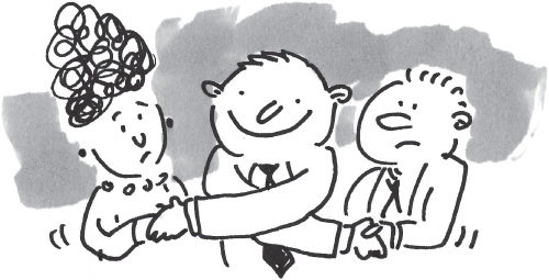 Cartoon illustration of a man trying to be cordial with two other business people, depicting that an entrepreneur just needs to get good at sales,  marketing, and administration, the vital skills needed to develop a good business.