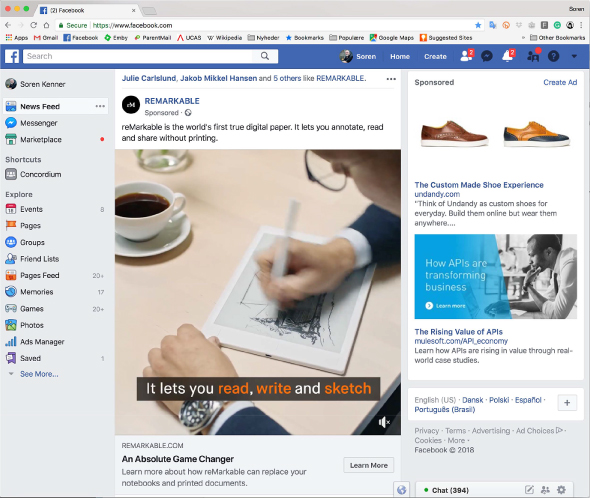 Screenshot of a typical Facebook page depicting a profile picture in the middle and a shoe advertisement and a sponsored content on the right side of the page.