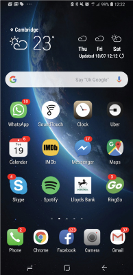 Screenshot of the front cover of a mobile phone displaying various icons of social media and apps and the temperature of a particular day.