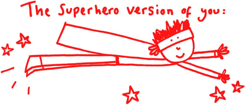 Image of a caped superhero midflight, captioned “the superhero version of you”