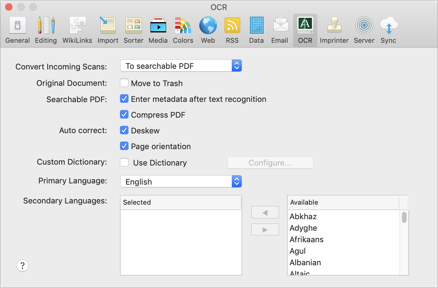 Figure 45: Set preferences for both automatic and manual OCR in this preference pane.