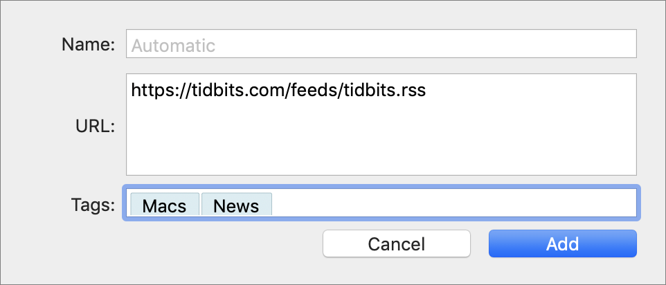 Figure 48: Enter a feed’s URL and any tags you want to apply to it in this dialog.