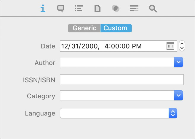 Figure 55: Apply custom metadata to documents on the Custom tab of the Info inspector.