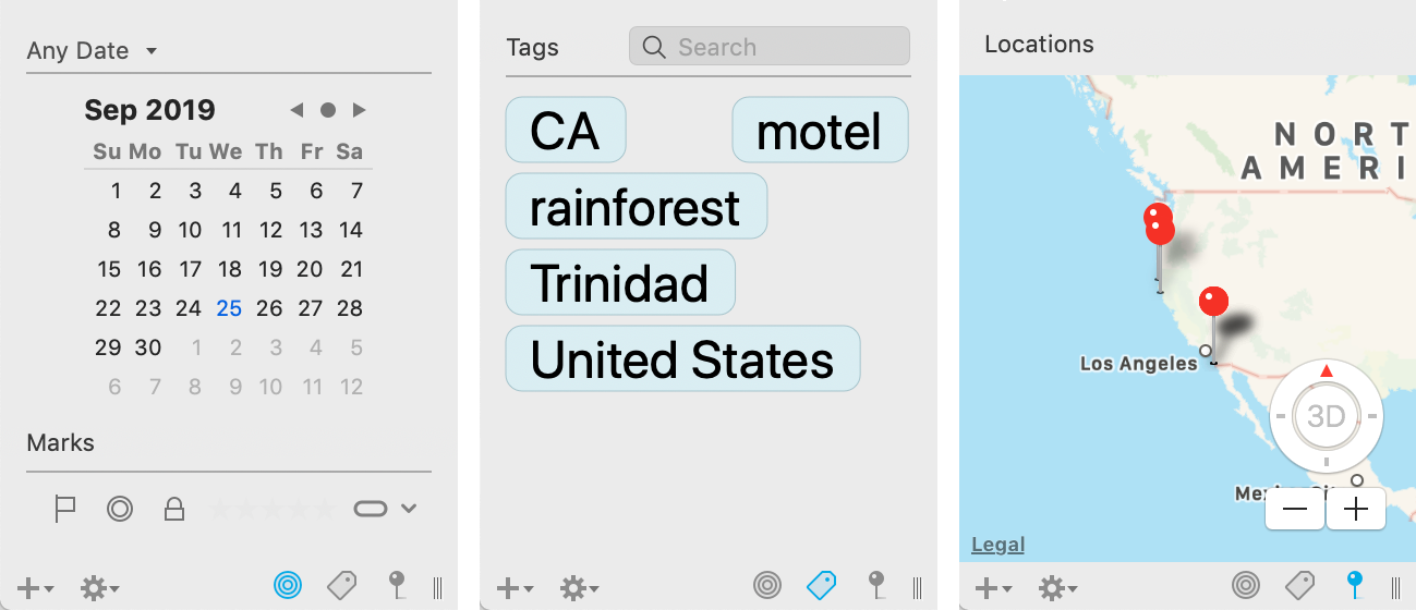 Figure 57: Filters, from left to right: info, tags, and location.