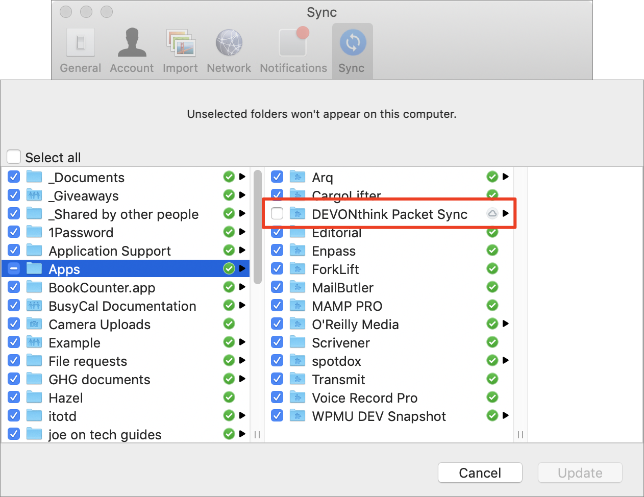 Figure 80: Deselect the DEVONthink Packet Sync checkbox to avoid making a duplicate copy of your sync data on your Mac.