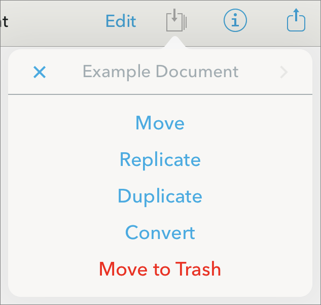 Figure 82: This popover displays whichever organizational commands are relevant to the selected item(s).