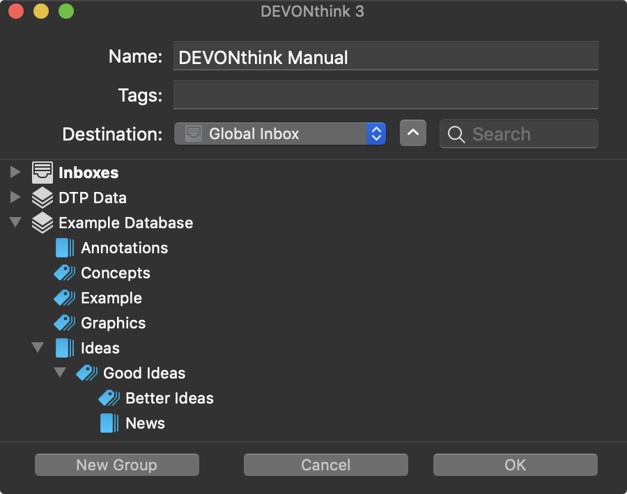 Figure 28: This panel appears when Select Group is your default destination and you add something to DEVONthink from outside the app.