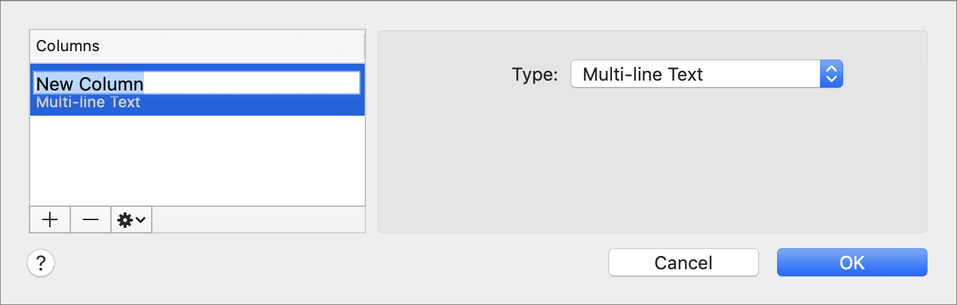 Figure 29: Add columns to a new sheet in this dialog.