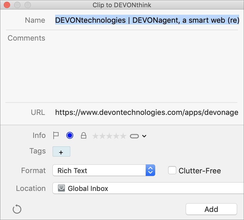 Figure 40: When you use the Clip to DEVONthink browser extension or bookmarklet, you can add a note, enter tags, and choose a format here.