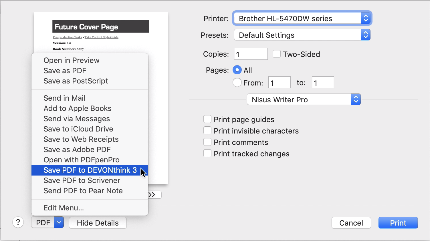 Figure 43: In any Print dialog, choose Save PDF to DEVONthink 3 from the PDF pop-up menu to add a PDF of the current document to DEVONthink.