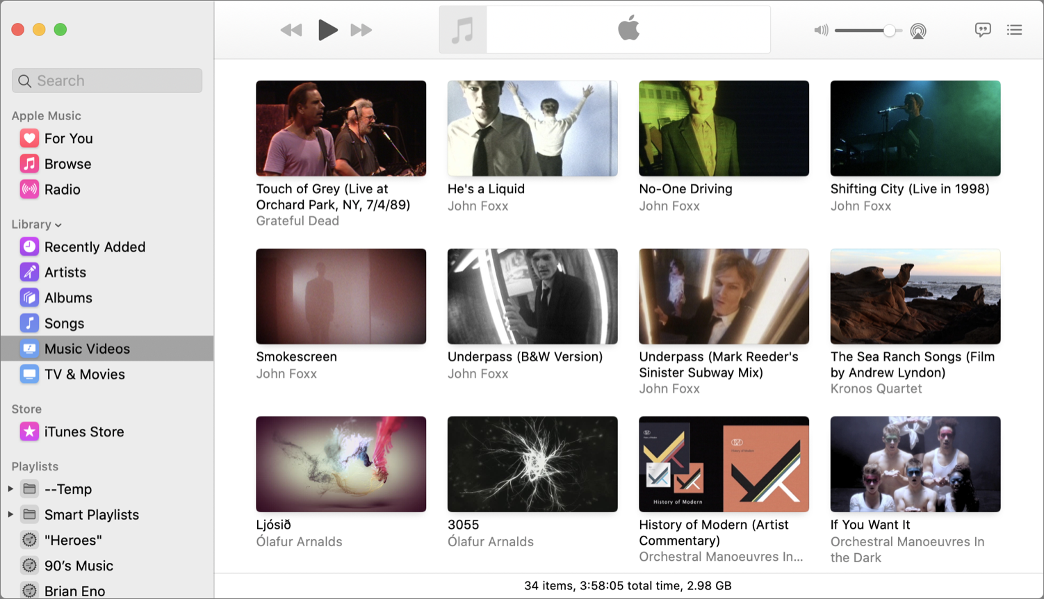 Figure 37: Music Videos view shows music videos in a grid; click a video to play it.