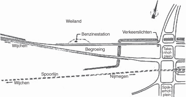 A sketch depicting the location of a filling station that serves one direction of a four-lane highway.