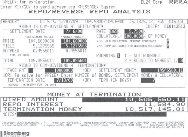 Screenshot illustration of Bloomberg screen RRRA for classic repo transaction. 