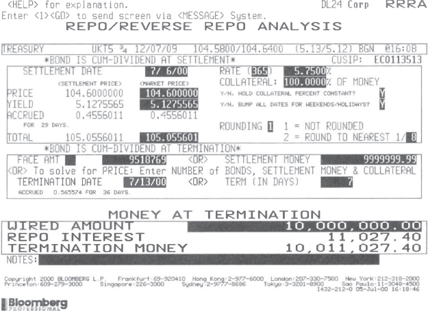 Screenshot illustration of Bloomberg screen for the classic repo trade illustrated in Figure 4.5. 